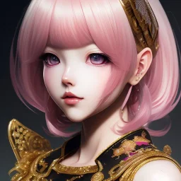 Detailed cute anime rabbit girl, pink hair buns, pink bangs, black latex bodysuit, intricate details, full body portrait, keep head in frame, slight smile, black Japanese motif, concept art, highly detailed, digital painting, concept art, sharp focus, illustration, art by Yoji Shinkawa, WLOP and greg rutkowski and alphonse mucha and artgerm and yanjun Chen and Junji ito and Makoto Shinkai, HDR, octane render