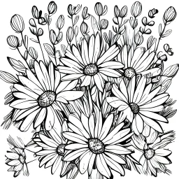 whimsical illustration of a bouquet of white and yellow daisies, digital illustration, fine lineart, vector art, photoshop, plain solid color background, minimalist art