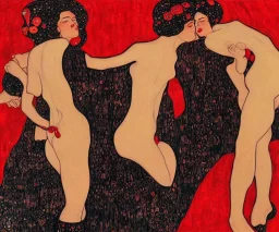 two women dancing in black and red lingerie in Gustav Klimt style