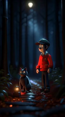 Halloween portrait of postman pat and his creepy cat, full moon, in dark forest grove, down-light, shot on Hasselblad h6d-400c, zeiss prime lens, bokeh like f/0.8, tilt-shift lens 8k, high detail, smooth render, down-light, unreal engine, prize winning