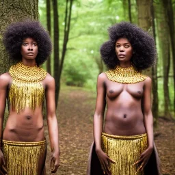 Biologically Female Twins, black skin, tall and slender, long afro kinky hair,big brown eyes, warrior wear. Gold accents on clothing. Surround by trees