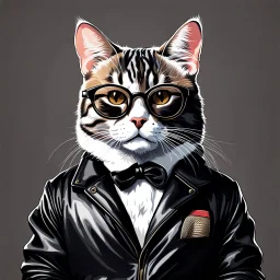 Drawing of a cat with black jacket and glasses NFT style