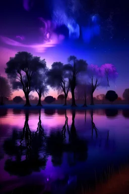 In the midst of the dark night, mysterious trees appear to sprout from the sky itself. In front of these trees, a golden lake radiated a faint light, making the place look like a magical palace in a fantasy world. Brilliant lights and flowing colors crisscross the surface of the lake, creating an unusual visual effect. In the sky, clouds of luminous purple appear with bright meteors passing through them slowly falling towards the ground, and when they collide with the golden surface of the lake