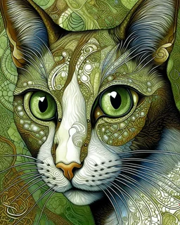 Detailed Surreal Portrait of Oriental blue and white tabby cat, with a triangular slender white face, large ears and green eyes by Gustav Klimt muted colors.