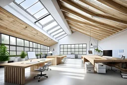 factory floor cealing skylights wooden clt beams flat cealing concrete walls frameless windows white workstations nordic