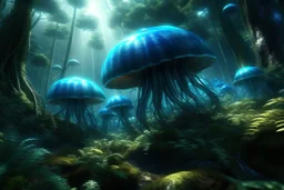 Alien jellyfish forest, photorealistic, Detailed Matte Painting, Deep Colour, Fantastical, Intricate Detail, sunshine, blue sky