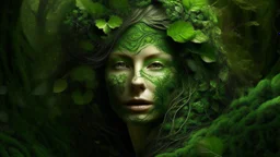 A surreal artwork featuring a woman's face seamlessly integrated with lush green foliage, creating a harmonious fusion of the human and nature. The style is montage-like, with intricate details of leaves and moss forming the contours of her face and hair. Her facial features, including eyes, nose, and lips, are subtly defined by the varying hues and textures of the vegetation. The background depicts a verdant landscape with rolling hills and a distant view of the ocean under a clear sky, enhanci