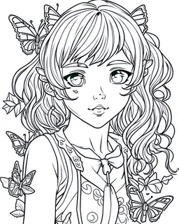 outline art for buterfly coloring page, Japanese manga style, cartoon style, cute face, white background sketch style, full body is a must, only use outline, clean line art, no shadow, bold outline