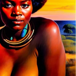 Drawing of 'woman from Zulu tribe',sweet stare,painting by Earl Norem, simon Bisley,frazetta,西嘛哒, evan lee, Vallejo,kelly,Paul Gauguin oil on canvas, cinematic composition, extreme detail,fit full head inside picture,8k