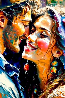 a gypsy theme, a beautiful in love girl and boy as focus point, close-up kissing scene, scrappy paint strokes in impasto , life is good, laughter and happiness