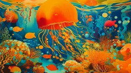 An orange colored underwater reef with jellyfish painted by Wassily Kandinsky