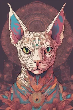 cyberpunk Sphynx cat, saturated colors, mandala, high details, digital art style, thick outline art