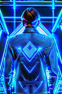 cyberpunk, neon blue, triangle of light behind the back, cyber suit, geometric patterns on a suit, male