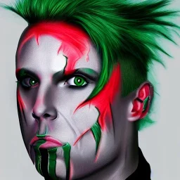 Keith Flint symmetric geometric portrait, realistic 3d anime , green hair, black metal facepaint, red eyes