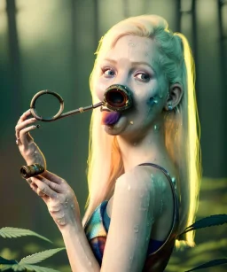 Ultra realistic photographic portrait, happy blonde woman smoking a pipe in Wonderland, wide angle view, smile steampunk dress style, marihuana plants, rain, color fog, color smoke, soft color, highly detailed, unreal engine 5, ray tracing, RTX, lumen lighting, ultra detail, volumetric lighting, 3d, finely drawn, high definition.