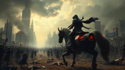 cyberpunk interpretation of Bruegel's "The Triumph of Death", capturing the symbolic "harvest" of humanity. this is terror. A dystopian metropolis under smog sky, where cybernetic soliders reapers are executing physical harvest and many of humans citizens killed army of cyberwarrior androids and robotic, many panicking running people, many bodies lying on the ground. a cyber-death warrior in black hood with futuristic gun on a robotic horse, thriller, detailed, cinematic