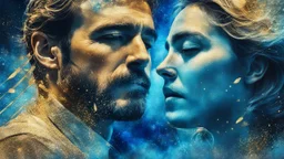 old worn canvas, mixed media, multiple exposure, layered, embossed, fine art luminous soft watercolor, glitter, mid ground, luminosity, highlights, shine, light effects, gold fragments, fine art luminous, portrait of Man and Woman, wind, blue space, clear lines, layered, blending, textured, surreal, 3D, 8K, best quality, fine rendering, high detail, hyperrealism, high resolution, high definition, layered, pin sharp, hyperfocus, vignette