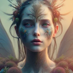 Portrait of beautiful girl, plant, metal, feathers, Dryad, fae, sidhe, ominous, nature, plants, wildflower, facepaint, dnd character portrait, intricate, oil on canvas, masterpiece, expert, insanely detailed, 4k resolution, retroanime style, cute big circular reflective eyes, cinematic smooth, intricate detail , soft smooth lighting, soft pastel colors, painted Renaissance style,bokeh, 800mm lens