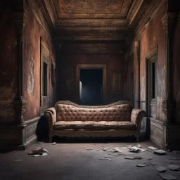 Hyper Realistic traditional ancient broken sofa between a huge dark hallway of a historical Indian palace with peeling wall paints at night