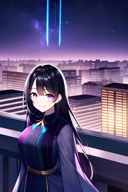 girl, masterpiece, best quality, cinematic lighting, detailed outfit, vibrant colors, perfect eyes long hair, black hair, purple eyes, night sky, starry sky, shooting star, rooftop, town, smile,