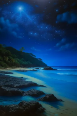 The beach of Leela Island is illuminated by a bright blue light all the stars Oil painting