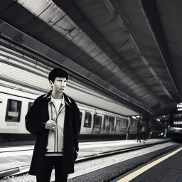 A young Asian man with long hair and a black trench coat waiting for a woman at a train station in Tokyo