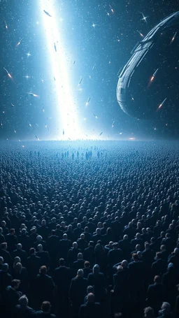 A field of random people in a bright lighting , at the end of the picture a huge complicated details texture of a dark blue spaceship , lot of rockets and falling stars filling the picture