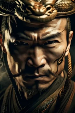 Primerísimo primer plano: La mirada de un guerrero chino con su espada hacía el frente y en el interior de sus ojos se ve reflejada la figura de un dragón furioso escupiendole fuego
