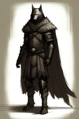 Sketch of dark fantasy warrior full body simple inspired by unsullied from game of thrones slim body fur cape light armor