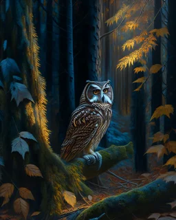 Owl in the woods incredibly detailed 8k oil painting