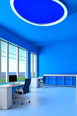 The office desks room is hung on the walls in an oval shape, the color of the walls is blue, the floor is white, and the shape of the offices is curved