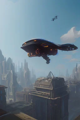 A flying car being drived by a robot between buildings in future city.