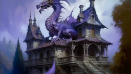 A purple undead dragon on top of a mansion painted by Claude Monet