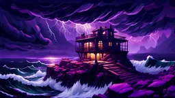 outpost on a cliff overlooking the stormy seas, nighttime, storms, winter on the islands beyond the abyss, purple light in the windows