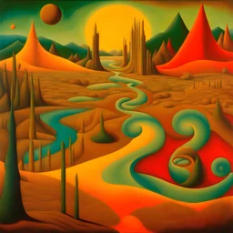 Surreal essence of a dreamlike landscape, inspired by the poetic and emotionally rich style of Max Ernst, vivid colors, enigmatic forms, and an underlying sense of mystery that resonates with the viewer's emotions