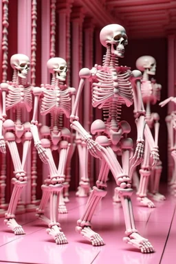 ‘Pink and White Metal Skeleton Army' depicts two columns of Identical Pink and White metal Skeleton Soldiers Marching in Lockstep toward the viewer; Klimt