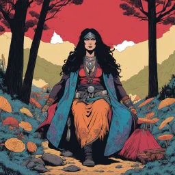 [comics Head Lopper style by Andrew MacLean] In the heart of a bustling Gypsy encampment Svetlanathe charismatic Gypsy Leader, sits beneath a brightly colored canopy. Her dark eyes, filled with wisdom and authority, scan the surrounding commotion. As the Gypsy Guide, Raul, approaches her with a determined stride, she senses his urgency and beckons him to join her.