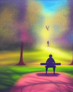 park mystical dream, park bench, man, woman, child, dog, trees, path, bird, sunshine, mystical, fantasy, romanticism, pastel colors, daylight, daytime, acrylic painting, detailed, soft focus,