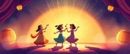 illustration of children playing and dancing. fantastic lighting, chaabi children's book proportions