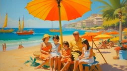 cote d'azur 2 childeren and mother and father on hot beach painting neoclassism 60