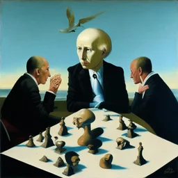 Putin, President Xi Of China And Joe Biden Play Chess With A Pigeon,Ufo And Atomic Bomb Mushroom Cloud,Complex Surgical Instruments Intermixed With A Newborn Boy,Minimalism,Painting By Adrian Ghenie,Rene Magritte,Pablo Picasso,Michelangelo,Salvador Dali,Lucian Freud