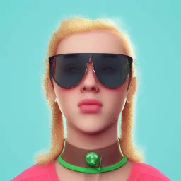 portrait of a teenager girl with curly blonde hair and green eyes wearing sunglasses and chewing a bubble gum