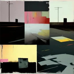 Minimal contemporary abstract oil paintings desolate 1960s carpark concrete fragments at dusk sunset. In the style of Justin Mortimer and Francis Bacon. road markings.