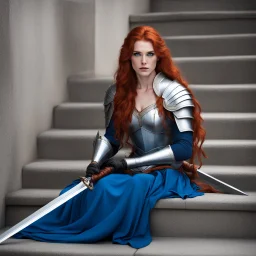 [art by Norman Rockwell] Sad Woman is a palladium feminine knight with Long Red Hair And Blue Eyes, sit on the stairs with a long cutting sword