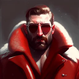 a young man with big muscles who looks like hans gruber wearing a heavy coat and red sunglasses staring with an angry look on his face