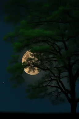 Night, tree leaves, moon, clouds, photography