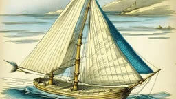 in the charming childish style of a 5 year old with scratchy penwork, a basic sloop, floating on water with the sail full of wind. Off to the side, the same boat mast is depicted, this time with the sail raised and tied up