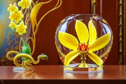 hypersigil photograph of a beautiful yellow and red orchid in a clear glass rococo inspired vase on a mirrored deco themed end table in a shadowy corner of a nouveau era room with wood paneling in the style of Robert maplethorpe, tropical birds, lizards, snakes, insects, gorgeous, shamanic, ethereal, photorealistic, embellishments, long shot, wide shot, dof, deep focus, 3d render