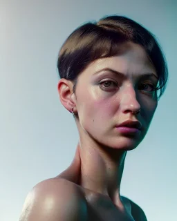 Realistic Waist up Portrait young woman, muppet skin, short hair style, photo studio, unreal engine 5, god lights, ray tracing, RTX, lumen lighting, ultra detail, volumetric lighting, 3d.