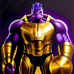 fullbody portrait in oil on canvas of Thanos with Big Golden Hulkbuster armor, intense stare, masterpiece, realistic, intricate detail, sci-fi fantasy style, volumetric lighting, particles, highly detailed ,cinematic , deep colours, 8k, by Robert E Howard